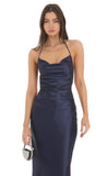 Satin Slip Two Piece Set in Navy