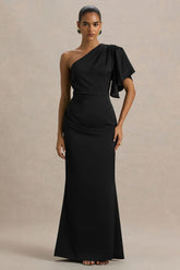 Unforgettable Black Asymmetric Neck Maxi Dress With Ruffled Detailing
