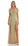 Sequin Striped Off The Shoulder Maxi Dress in Gold