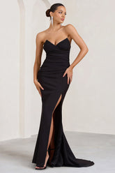 Elene Black Pleated Split Fishtail Maxi Dress