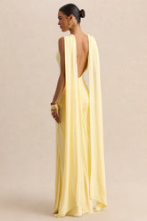 Premiere Lemon Boat Neck Maxi Dress With Cape Sleeves And Open Back