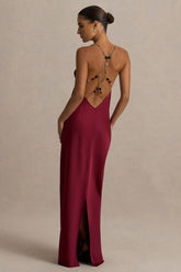 Cher Burgundy Satin Square Neck Maxi Dress With Embellished Detailed Open Back