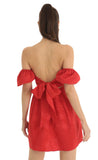 Jacquard Puff Sleeve Baby Doll Dress in Red
