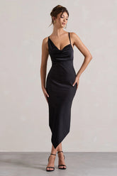 Fillie Black Satin Asymmetric Cowl Neck Midi Dress