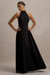 Cynthia Black High Neck Maxi Dress With Volume Skirt