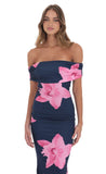 Off Shoulder Pink Floral Maxi Dress in Navy