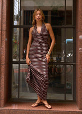 Float Away Maxi Dress Chocolate Blue Dot