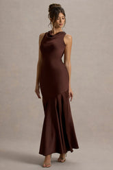 Amelita Brown Satin Cowl Neck Maxi Dress