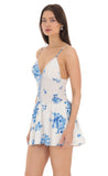 Blue Floral Smocked Ruffle Dress in White