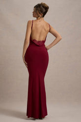 Francoise Berry Cowl Neck Backless Maxi Dress With Lace Insert