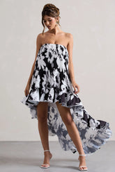 Whistler Monochrome Floral Chiffon Bandeau High Low Ruffled Maxi Dress