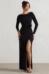 Makayla Black Long Sleeve Wrap Maxi Dress With Corsages