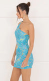 Galaxy Foil Print Bodycon Dress in Blue