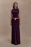 Erina Slinky Ruched Maxi Skirt With Hardware Aubergine