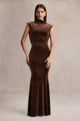 Malora Brown Velvet High Neck Maxi Dress With Open Back
