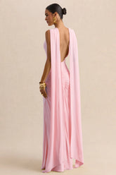 Premiere Light Pink Boat Neck Maxi Dress With Cape Sleeves And Open Back