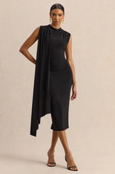 Oleandra Black High Neck Midi Dress With Draped Detail