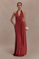 Veda Slinky Halter Maxi Dress Russet