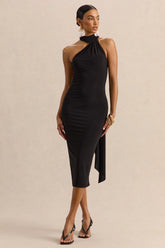Devinae Black Asymmetric Neck Midi Dress With Open Back And Scarf Detail