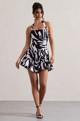 Zahra Zebra Print Halter Neck Ruched Mini Dress With Ruffle Hem