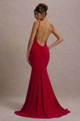 Adele Red Ruched Fishtail Cami Maxi Dress