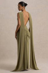 Premiere Olive Boat Neck Maxi Dress With Cape Sleeves And Open Back