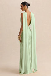 Premiere Mint Boat Neck Maxi Dress With Cape Sleeves And Open Back