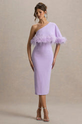 Victory Lilac One Shoulder Midi Dress With Feather Trim