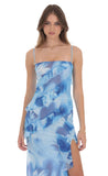 Floral Ruffle Mesh Square Neck Maxi Dress in Blue