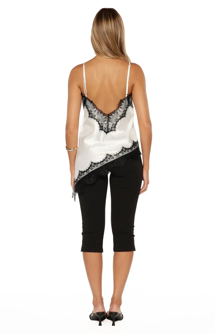 Ziva White Satin Lace Trim Asymmetrical Top