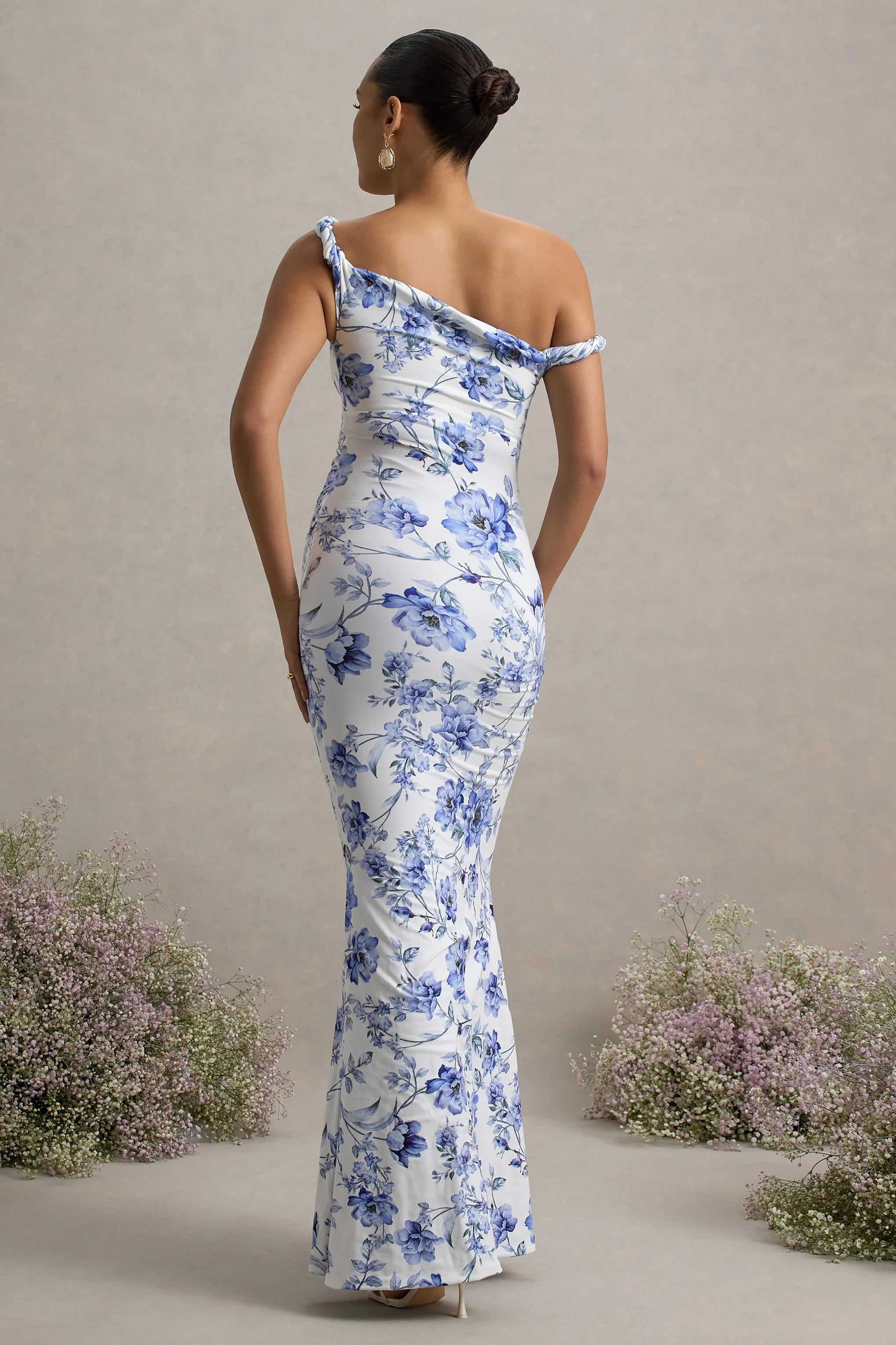 Lita Blue Floral Print Twisted Asymmetric Maternity Maxi Dress