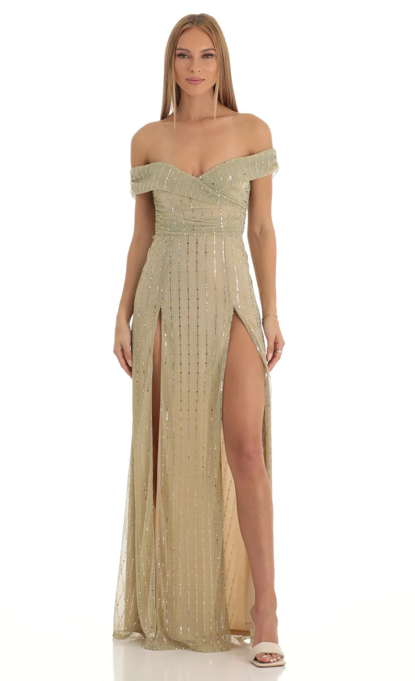 Sequin Striped Off The Shoulder Maxi Dress in Gold