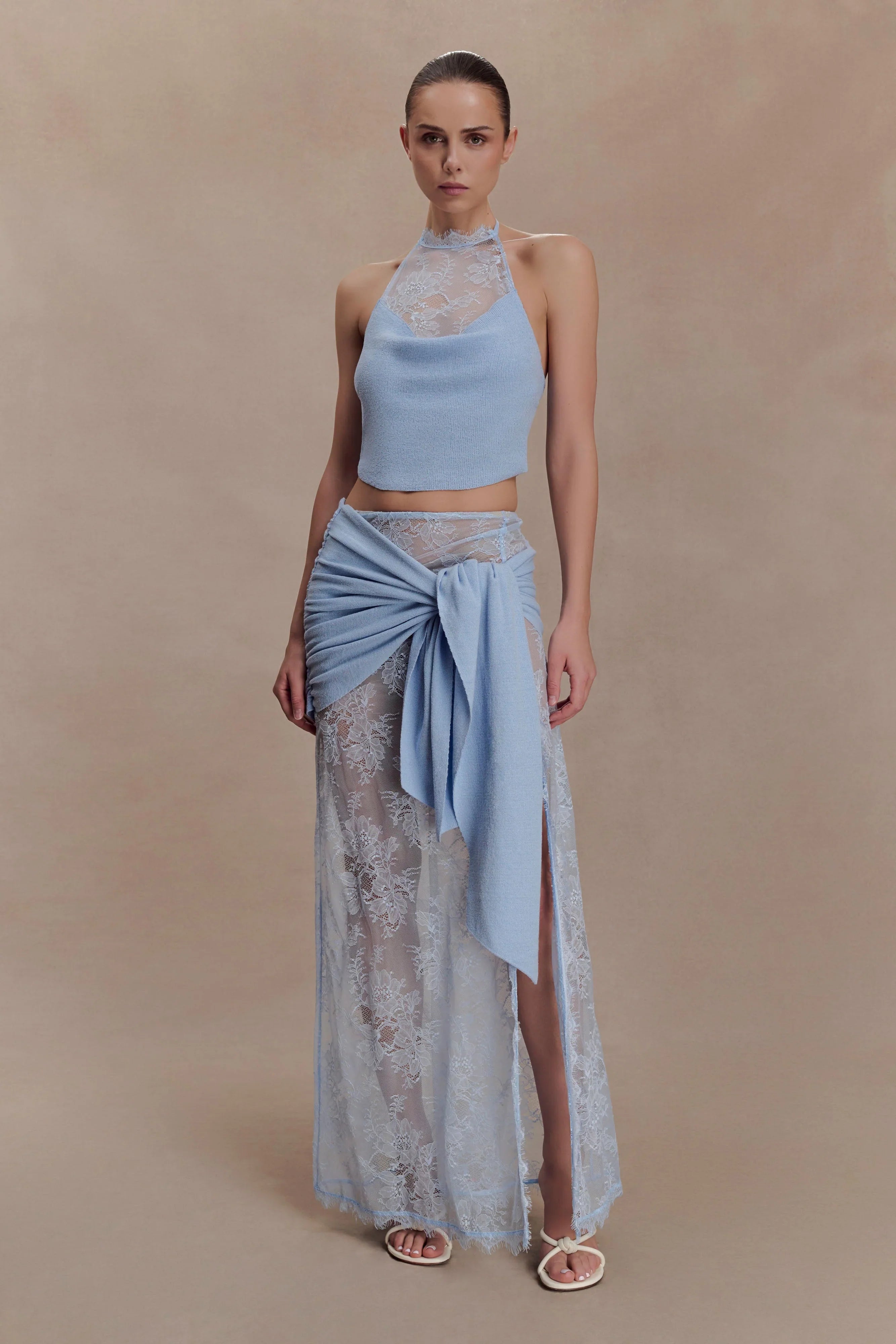 Lucy Lace And Knit Halter Top Cornflower Blue