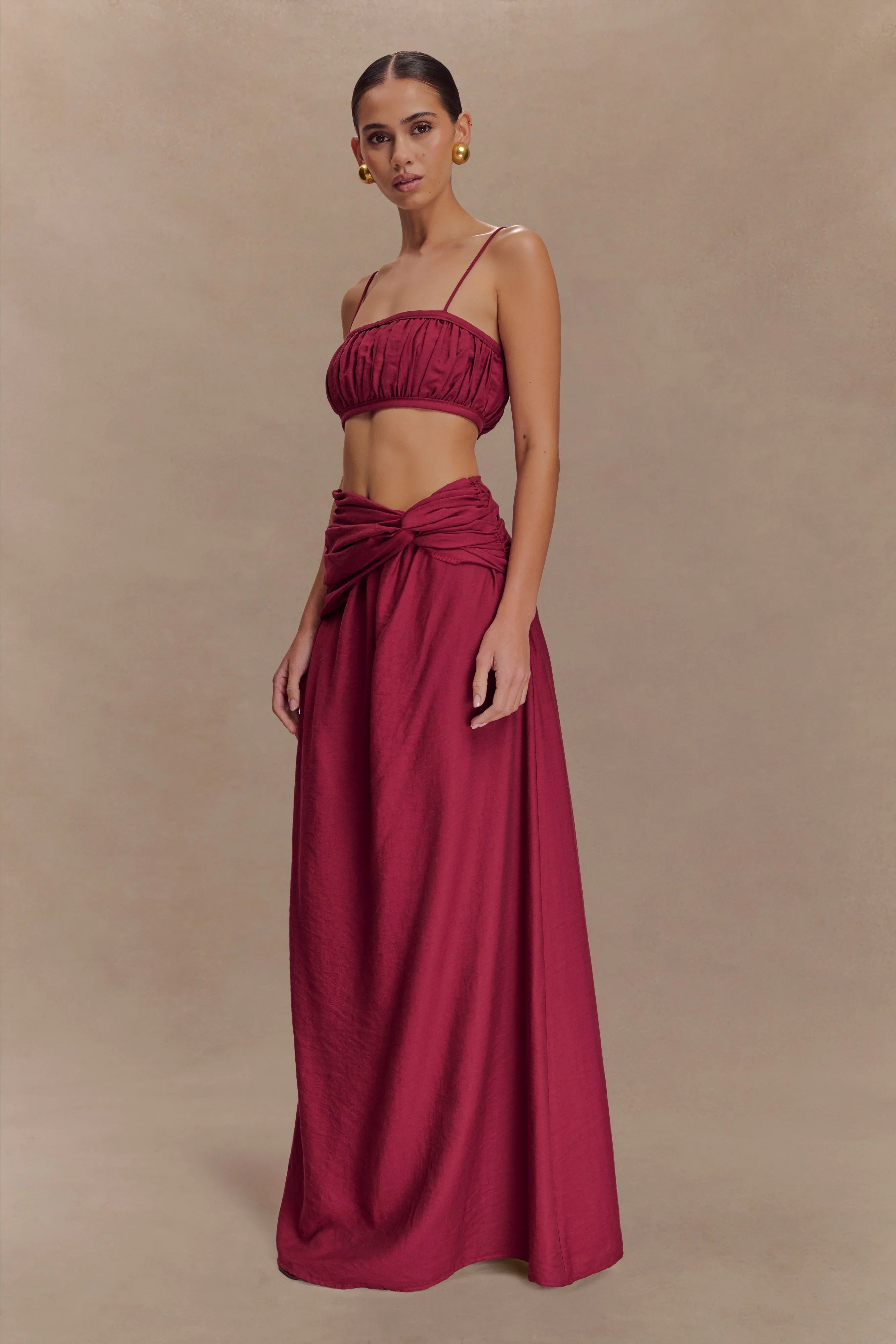 Scottie Gathered Linen Knot Maxi Skirt Wine