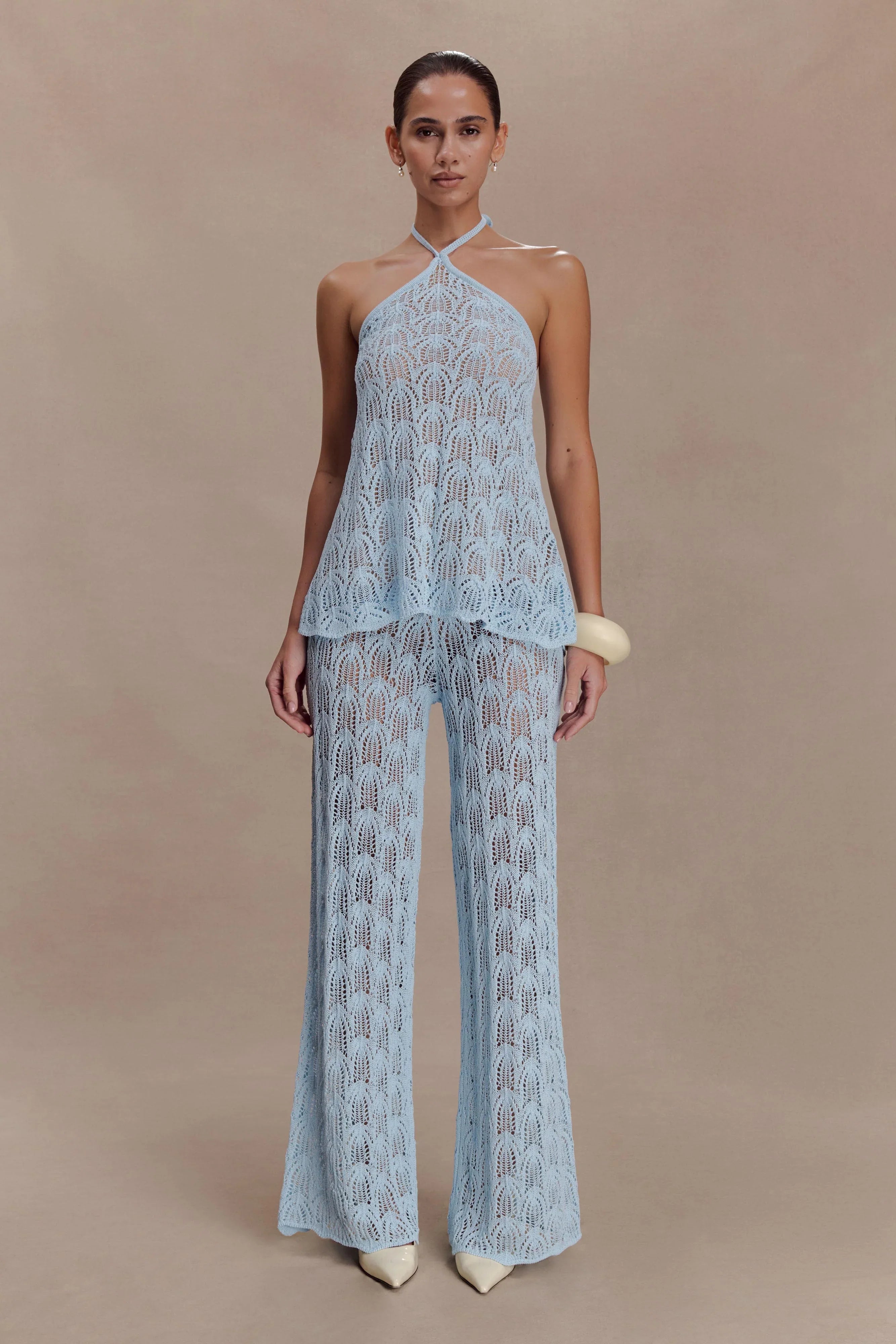 Corey Crochet Halter Neck Top Light Blue