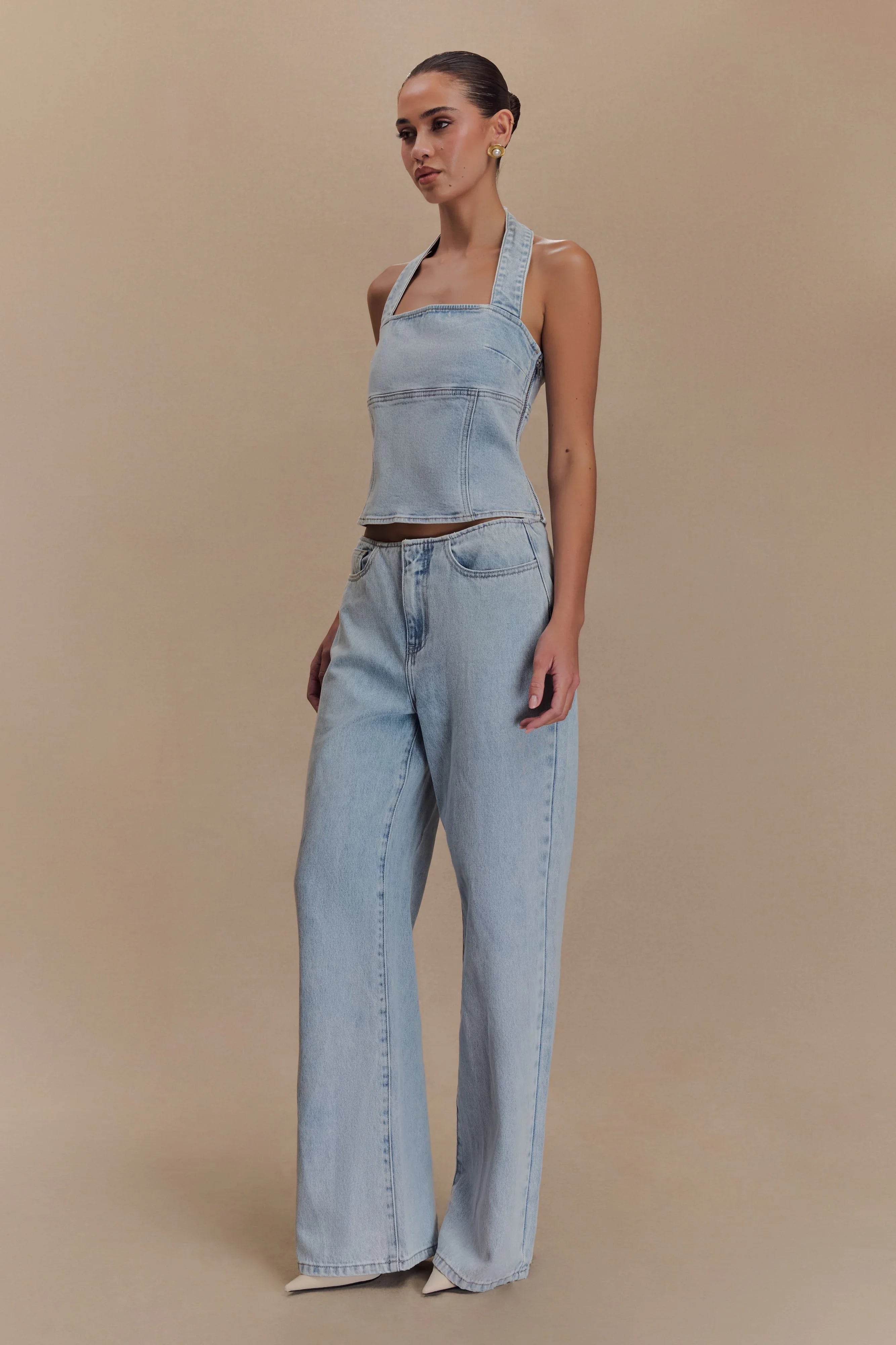 Dayna Denim Halter Top Light Blue