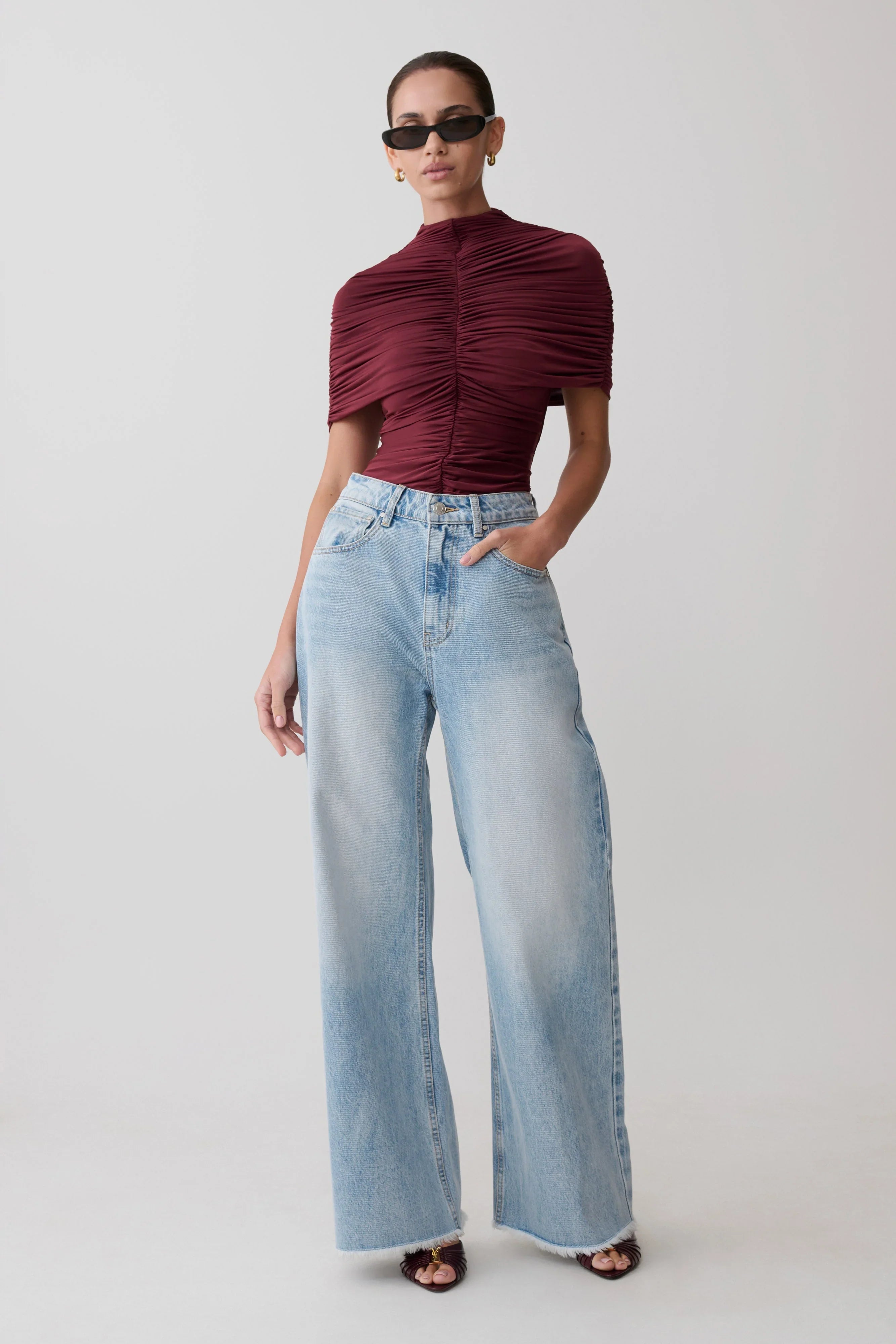 Sebastian Straight Leg Denim Jeans With Fray Hem Washed Light Blue