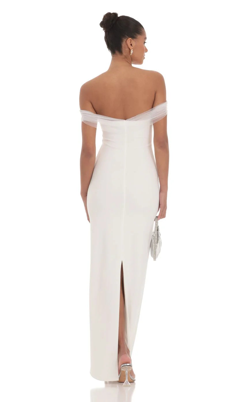 Tulle Off Shoulder Sleeve Maxi Dress in White