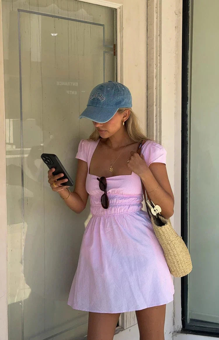 Clairo Light Pink Stripe Cap Sleeve Mini dress