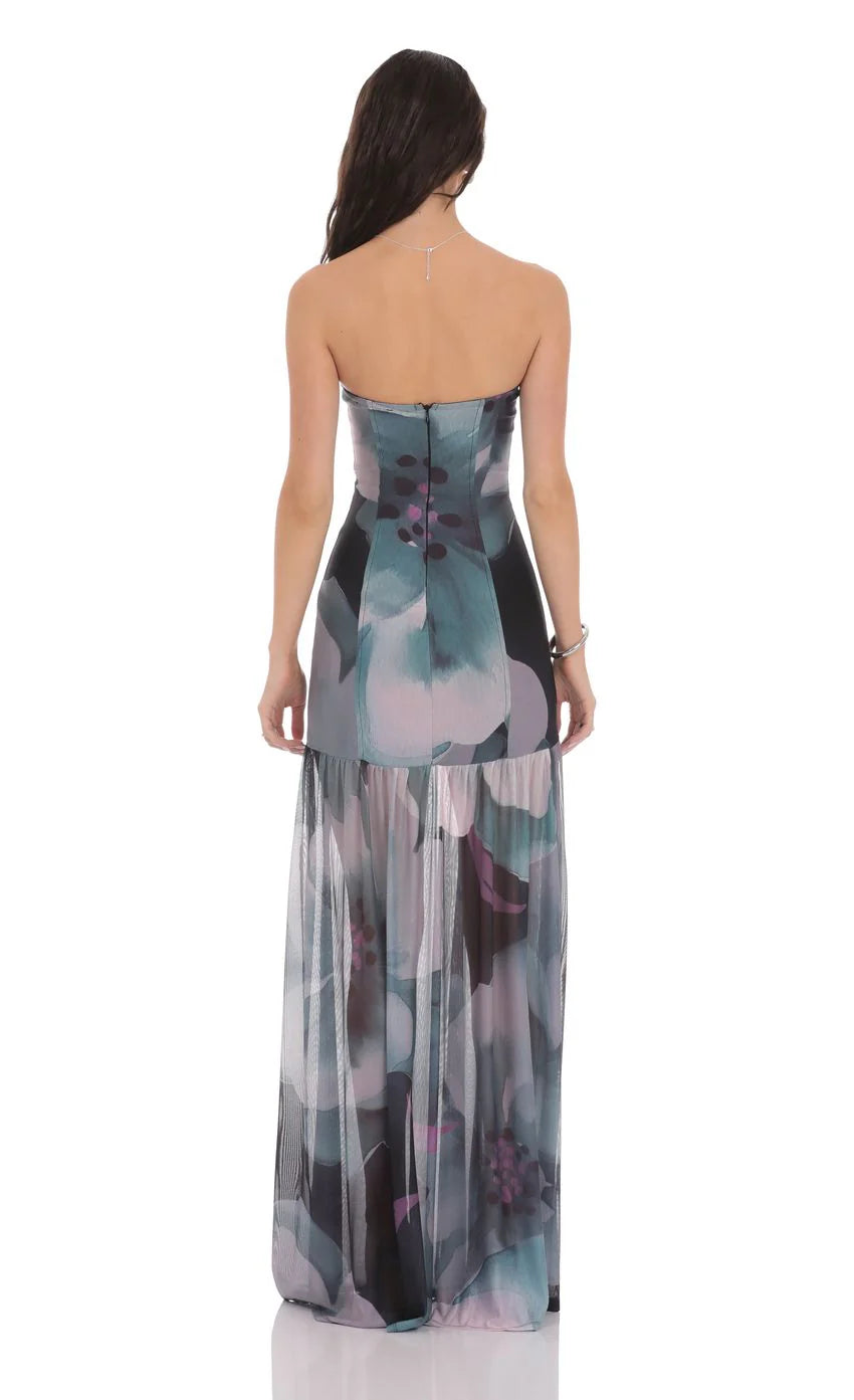 Floral Mesh Strapless Maxi Dress in Navy
