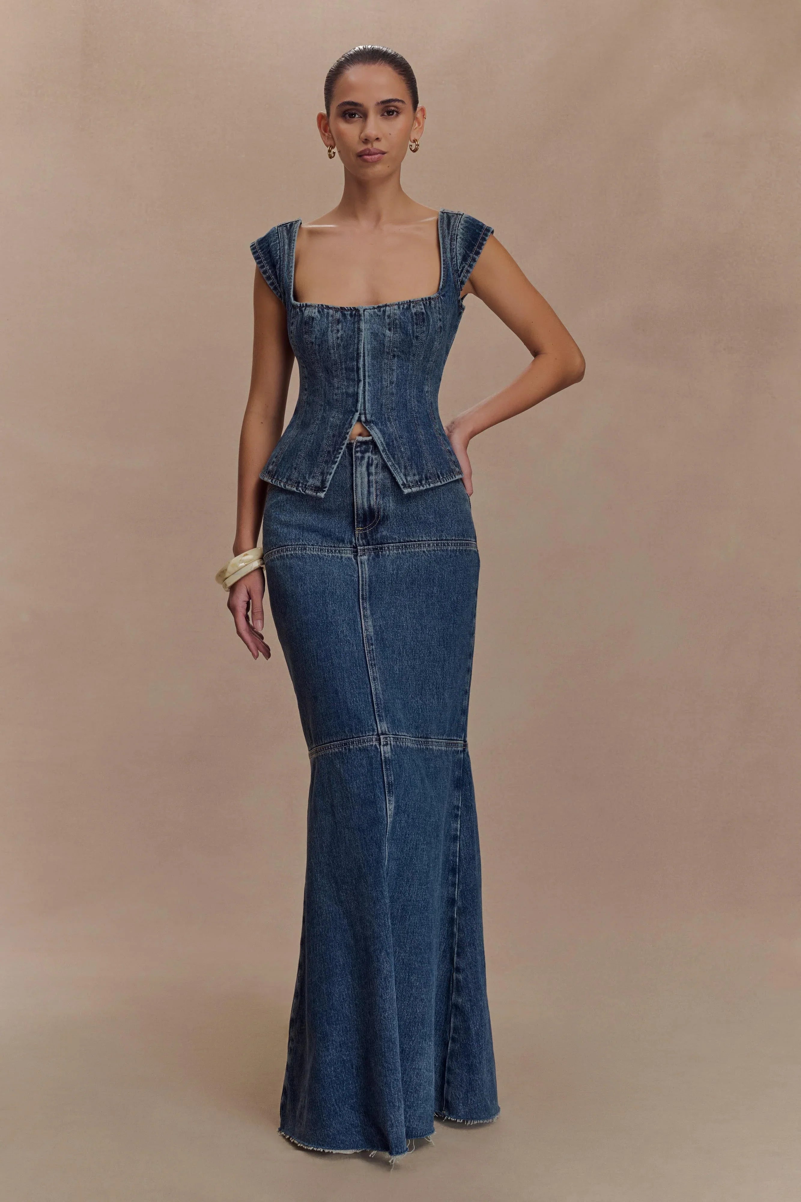 Loretta Cap Sleeve Denim Top Washed Dark Blue