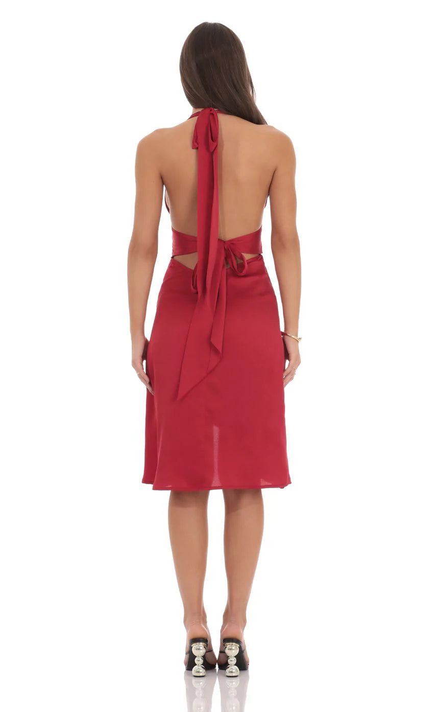 Satin Ruffle Slit Dress in Red