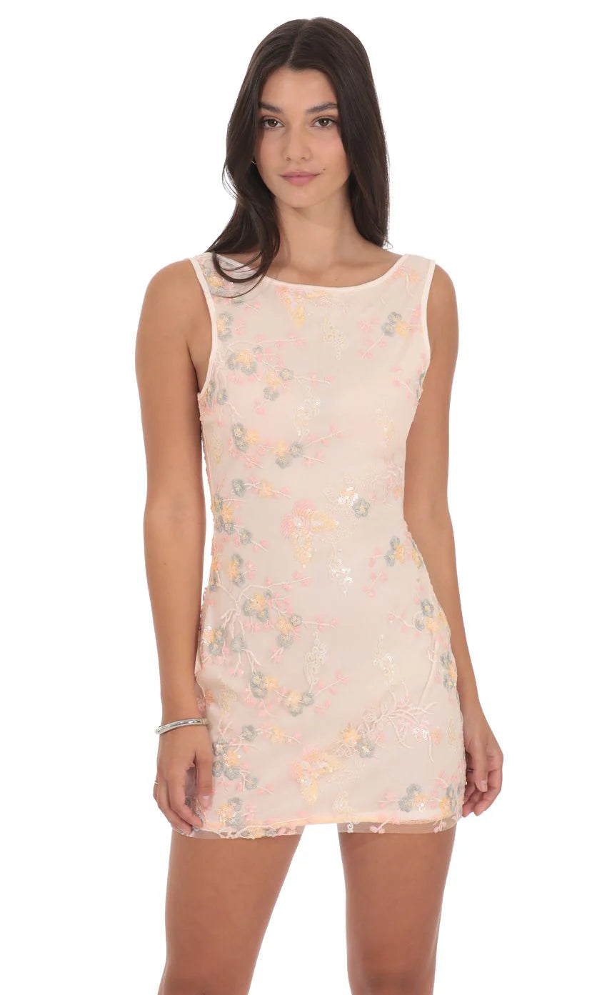 High Neck Floral Bodycon Dress in Light Pink