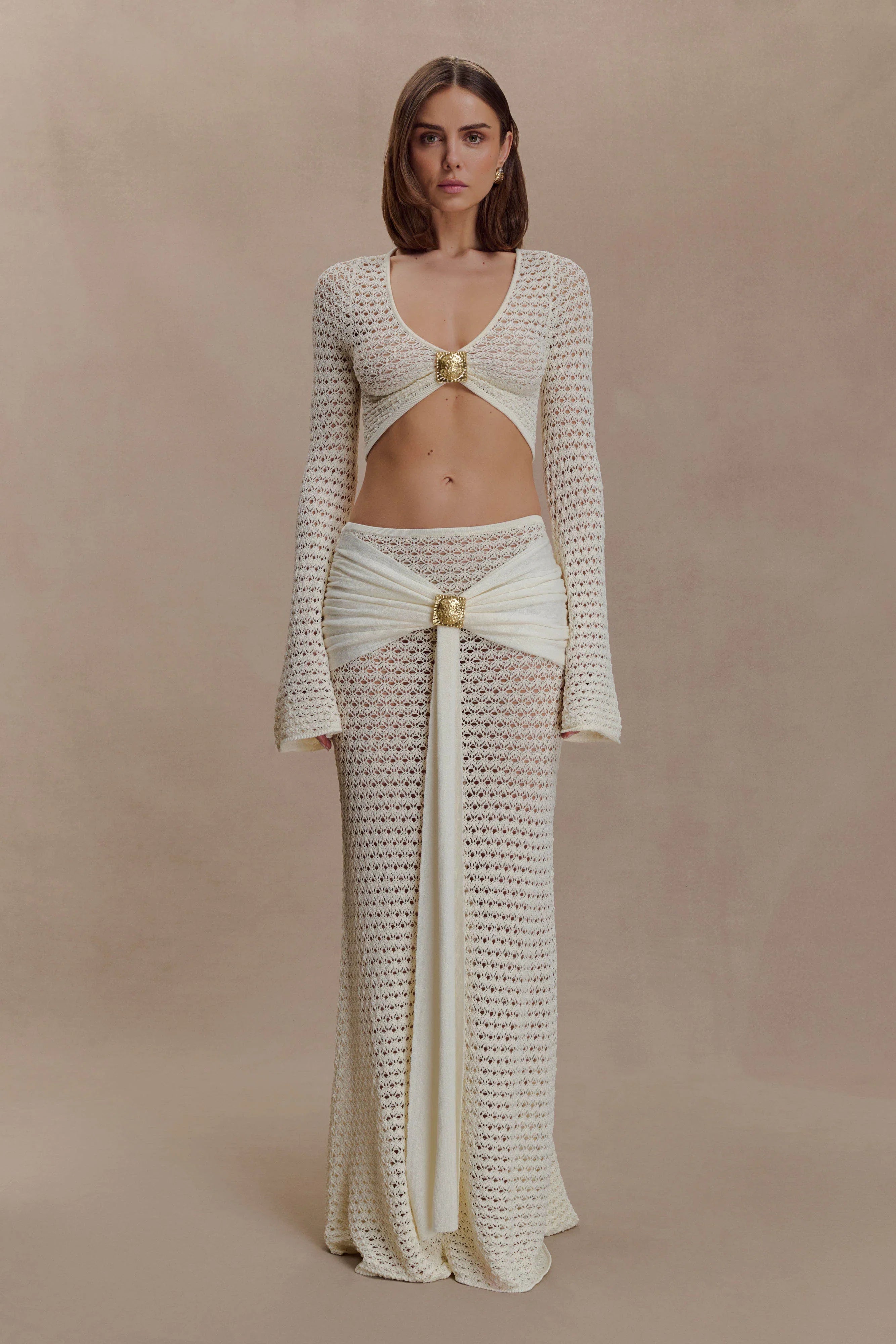 Mania Crochet Long Sleeve Cropped Top Ivory