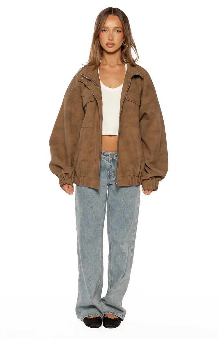 Sapna Brown Oversized Funnel Neck Suedette Jacket