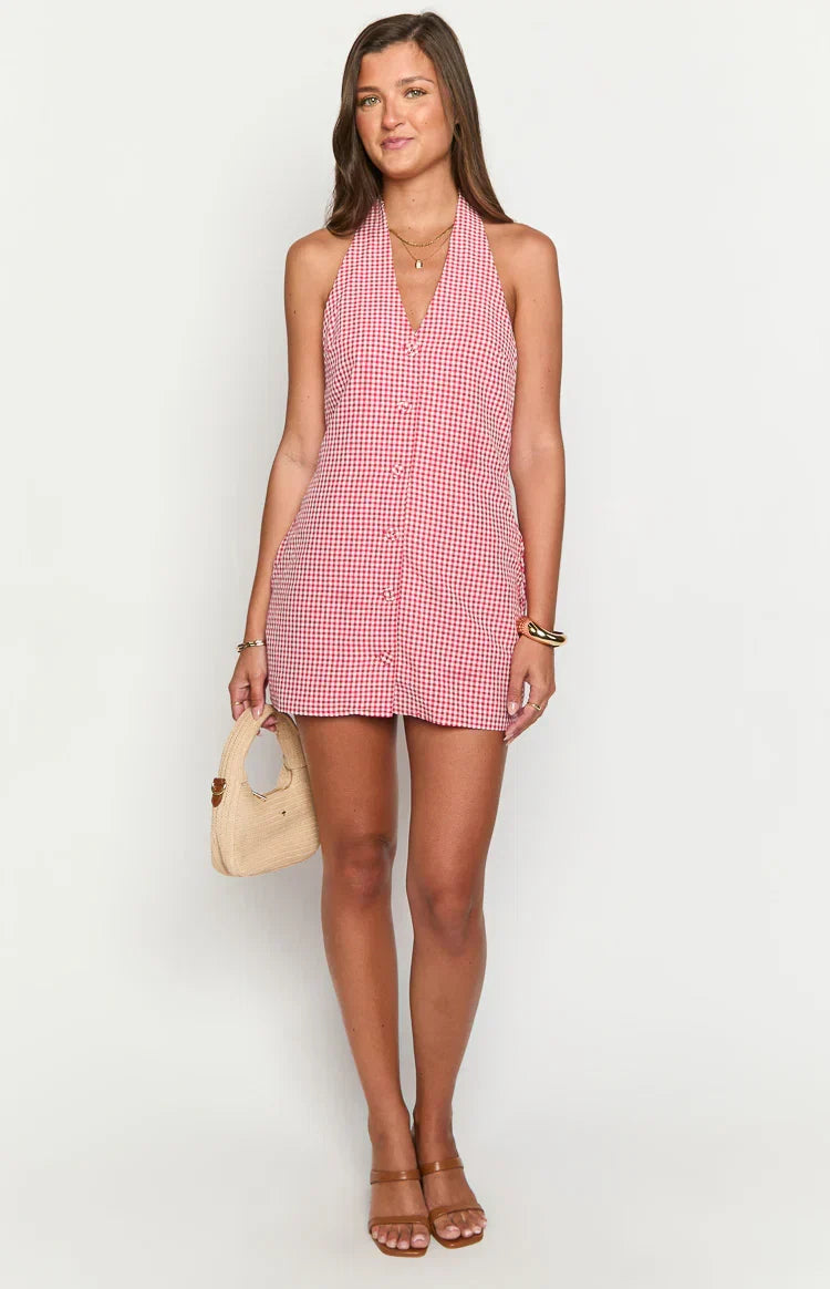 Felix Red Gingham Halter Mini Dress