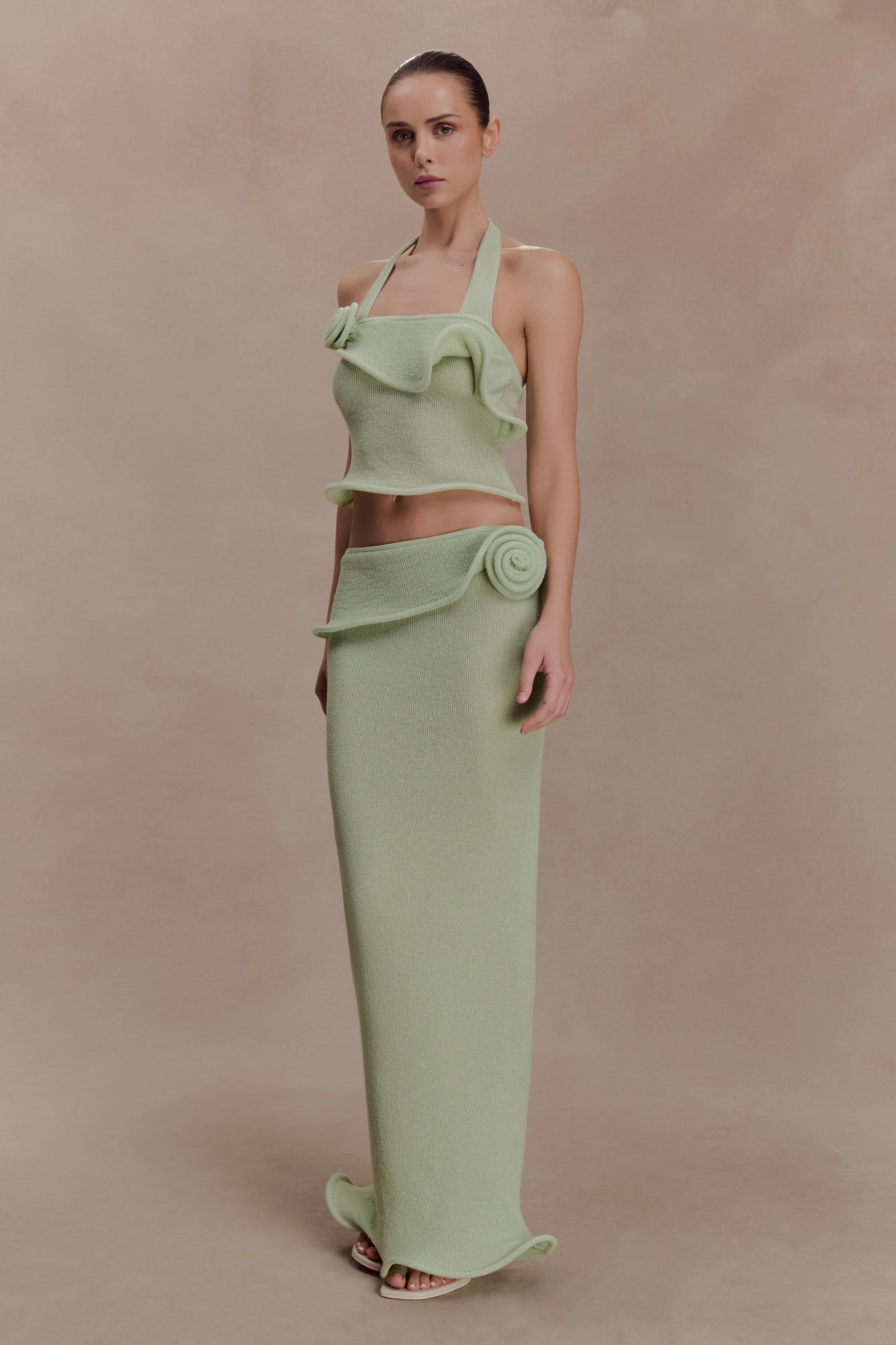 Samira Halter Knit Twist Top Pastel Green