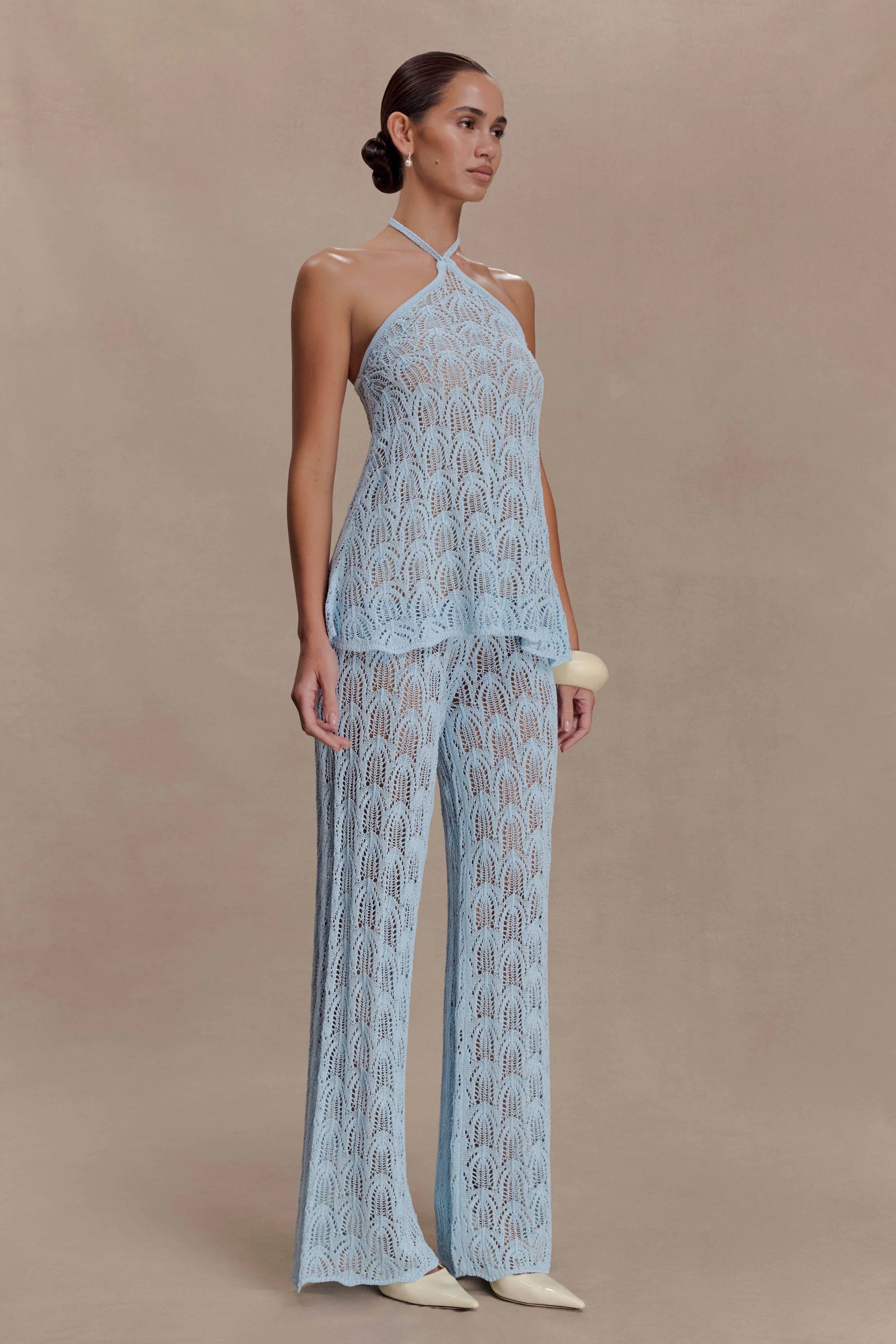 Corey Crochet Halter Neck Top Light Blue