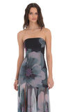 Floral Mesh Strapless Maxi Dress in Navy