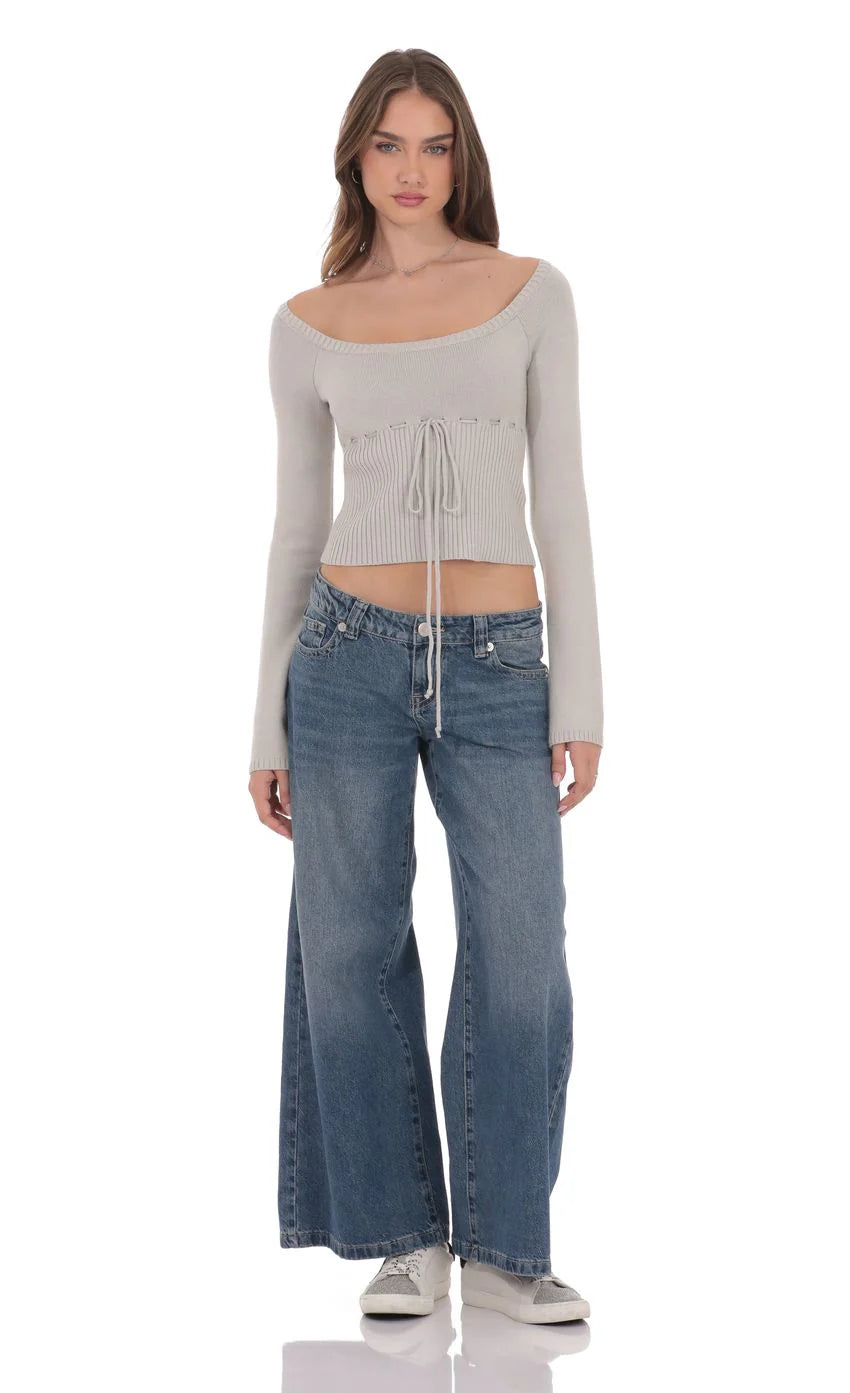 Knit Cinch Drawstring Top in Grey
